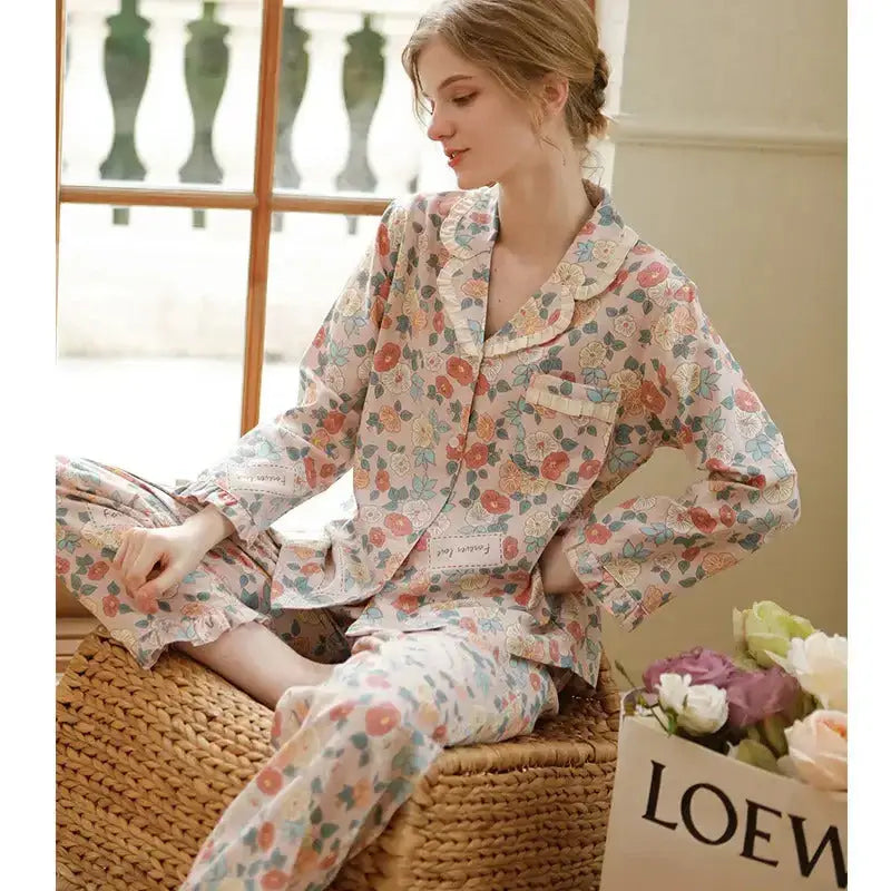 Cotton pajamas women's autumn clothes cardigan two-piece set long Nexellus