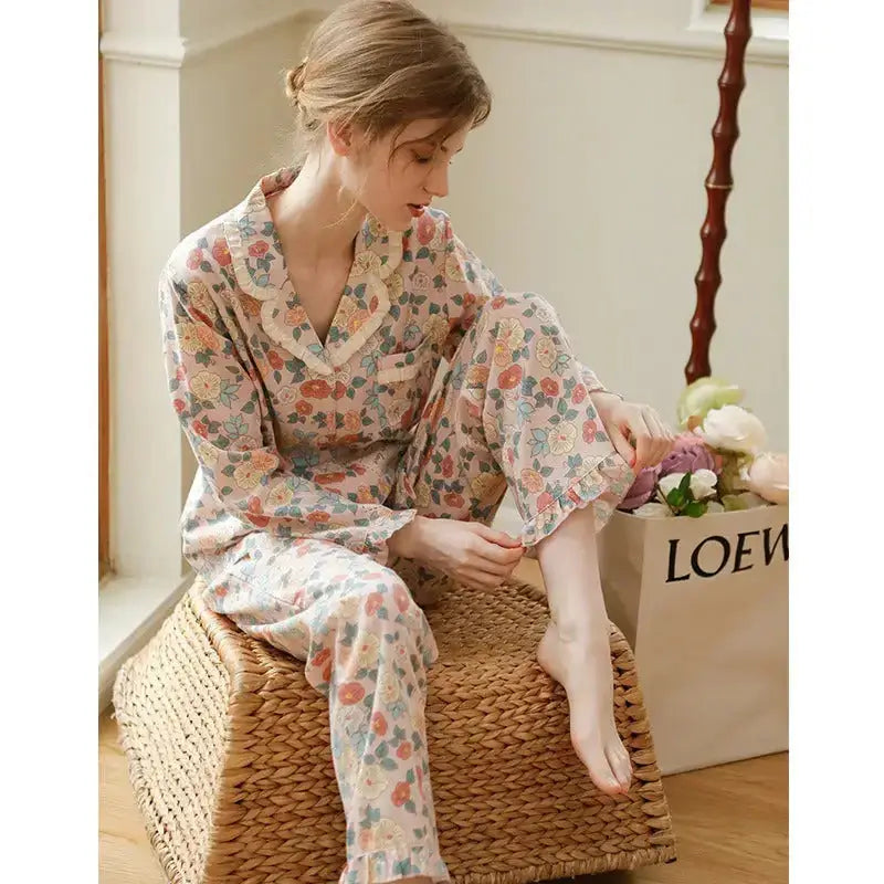 Cotton pajamas women's autumn clothes cardigan two-piece set long Nexellus