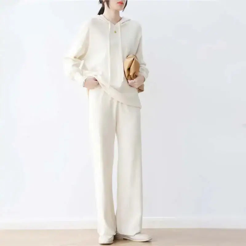 Cozy hooded knit suit: top + wide-leg trousers for women Nexellus