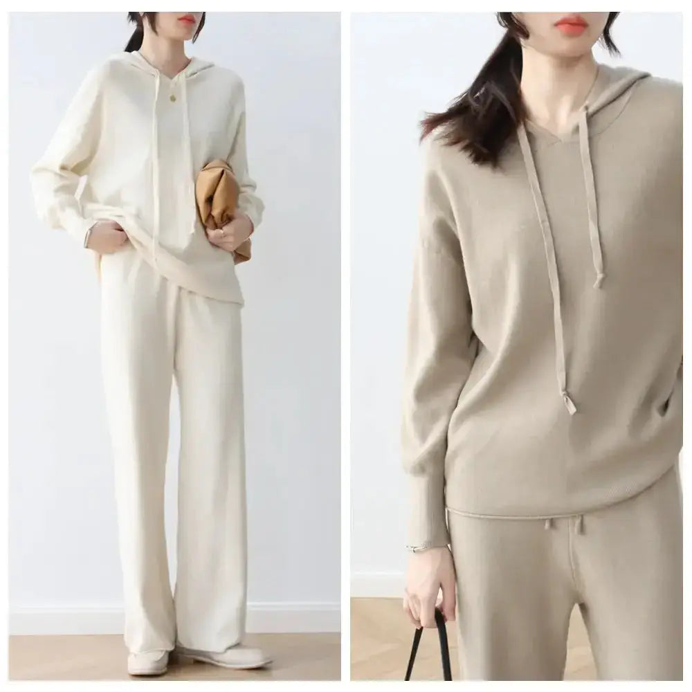 Cozy hooded knit suit: top + wide-leg trousers for women Nexellus