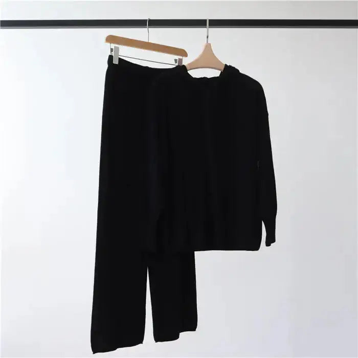 Cozy hooded knit suit: top + wide-leg trousers for women Nexellus