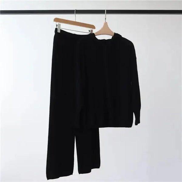 Cozy hooded knit suit: top + wide-leg trousers for women Nexellus