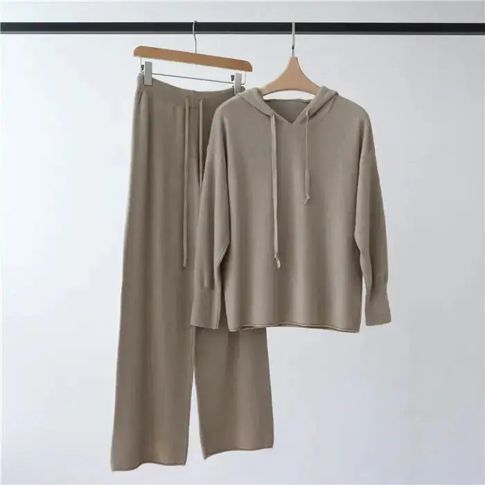 Cozy hooded knit suit: top + wide-leg trousers for women Nexellus