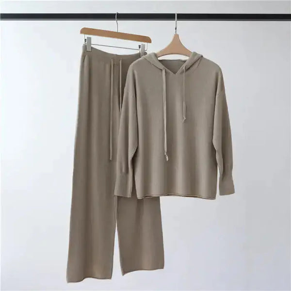 Cozy hooded knit suit: top + wide-leg trousers for women Nexellus