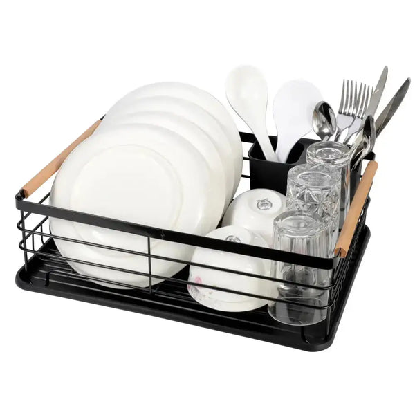 Deluxe minimalist dish drainer drying rack with wooden handles (black) Nexellus