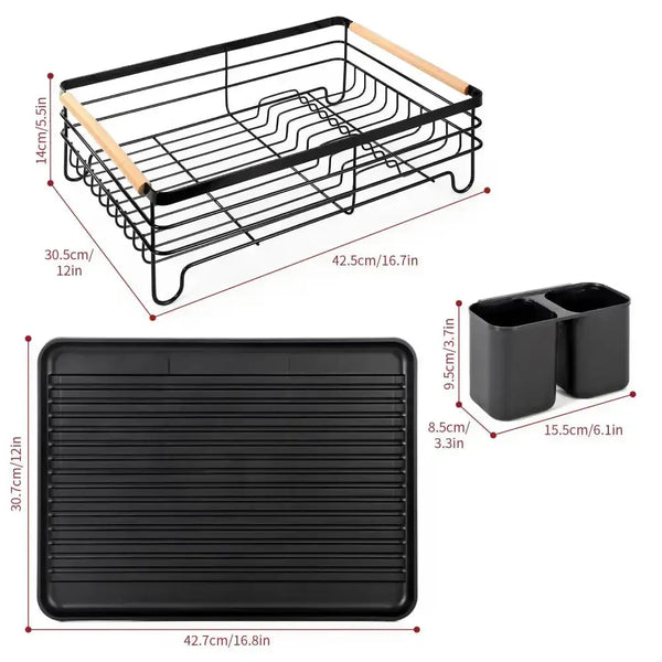 Deluxe minimalist dish drainer drying rack with wooden handles (black) Nexellus