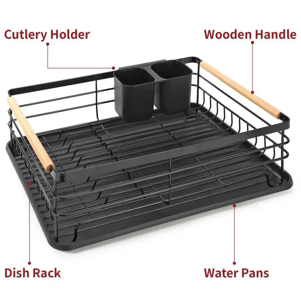 Deluxe minimalist dish drainer drying rack with wooden handles (black) Nexellus