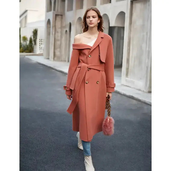 Double woolen woman's upmarket coat one shoulder overcoat Nexellus