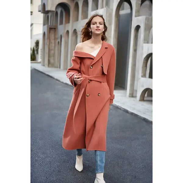 Double woolen woman's upmarket coat one shoulder overcoat Nexellus