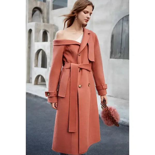 Double woolen woman's upmarket coat one shoulder overcoat Nexellus