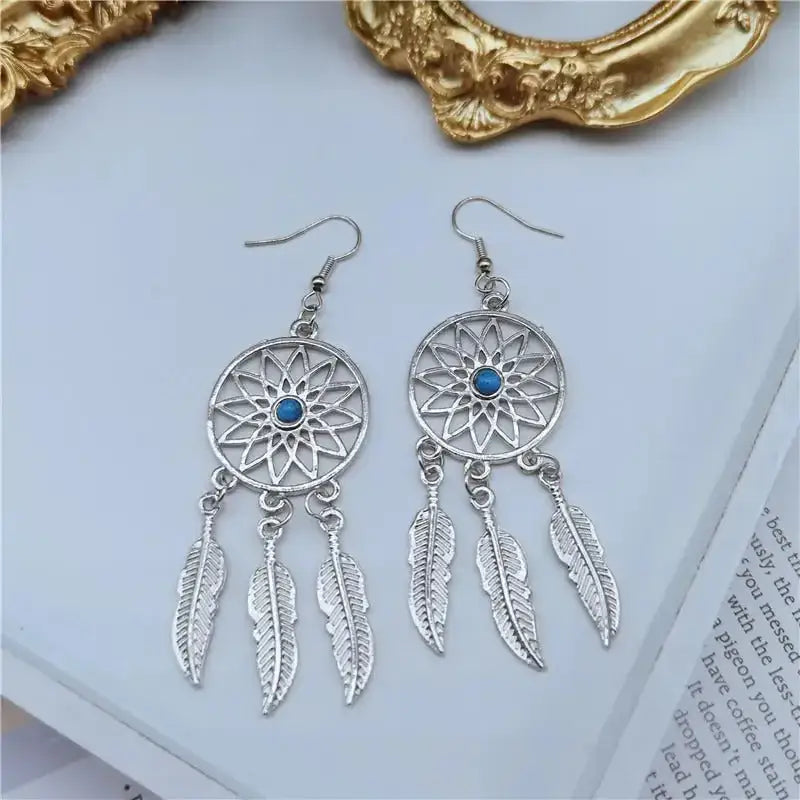 Dream catcher feather turquoise drop earrings Nexellus