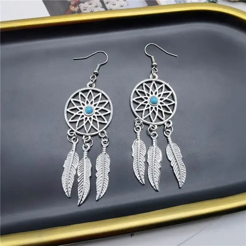 Dream catcher feather turquoise drop earrings Nexellus