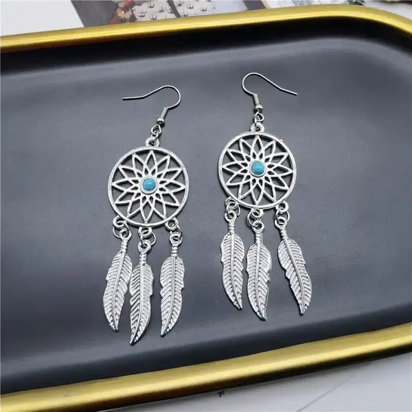 Dream catcher feather turquoise drop earrings Nexellus