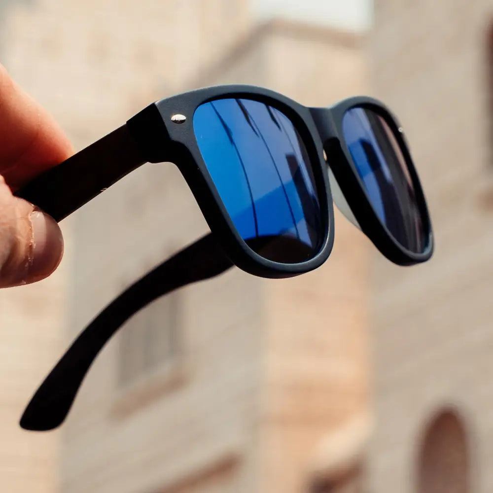 Ebony wood classic style sunglasses with blue mirrored