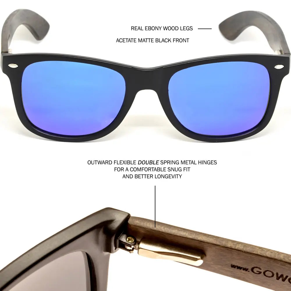 Ebony wood classic style sunglasses with blue mirrored polarized lenses - Nexellus