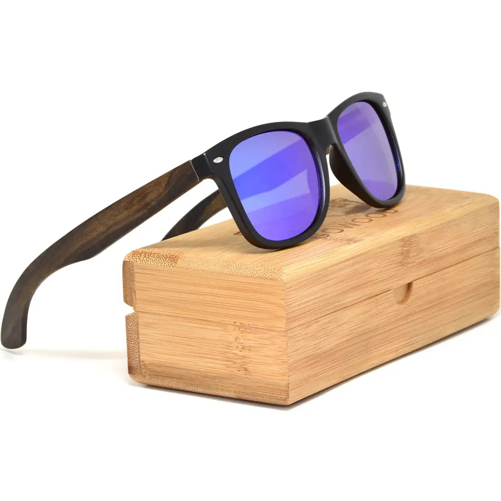 Ebony wood classic style sunglasses with blue mirrored polarized lenses - Nexellus