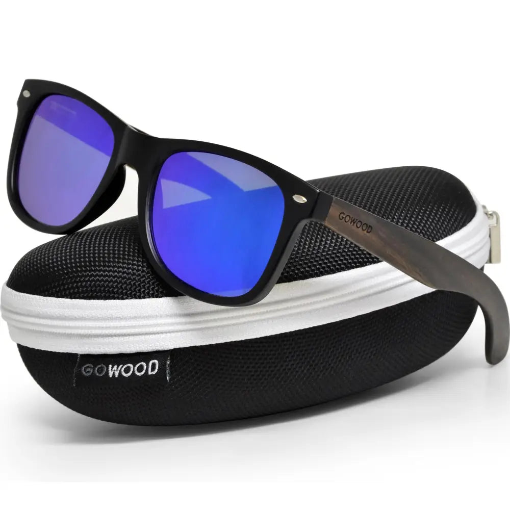 Ebony wood classic style sunglasses with blue mirrored polarized lenses - Nexellus