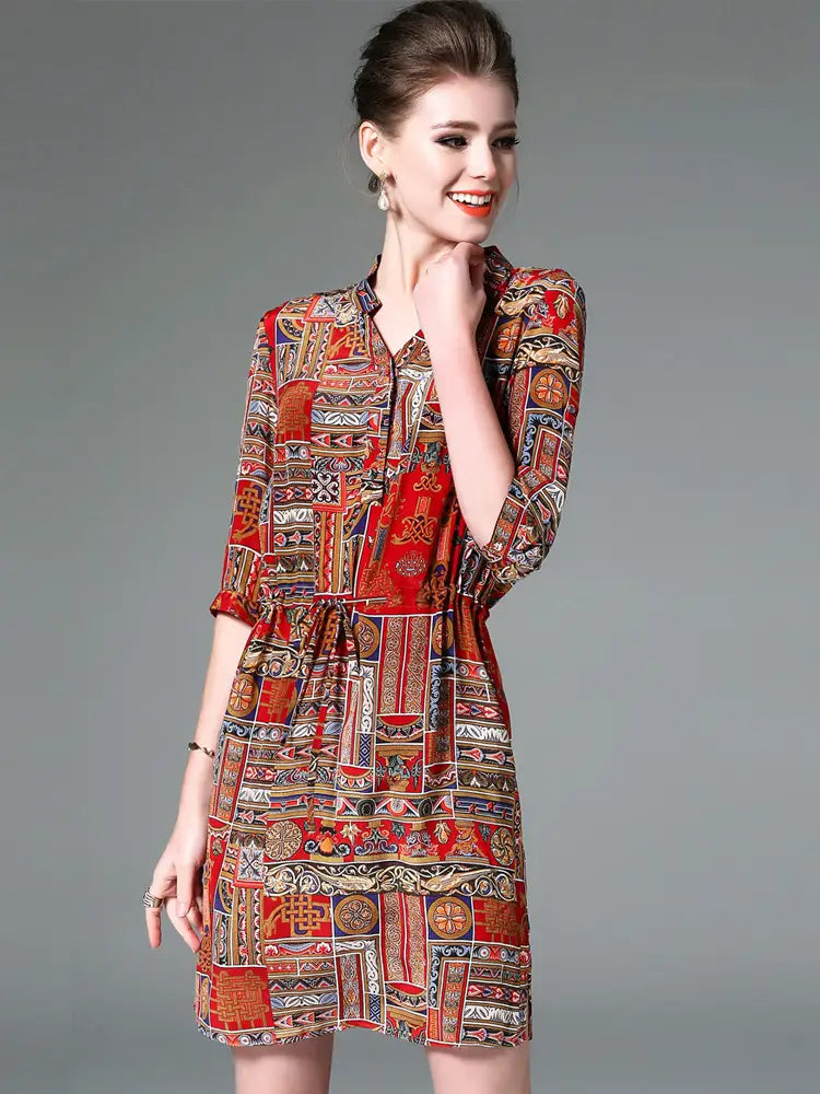 Ladies vintage print stitching slim shirt dress