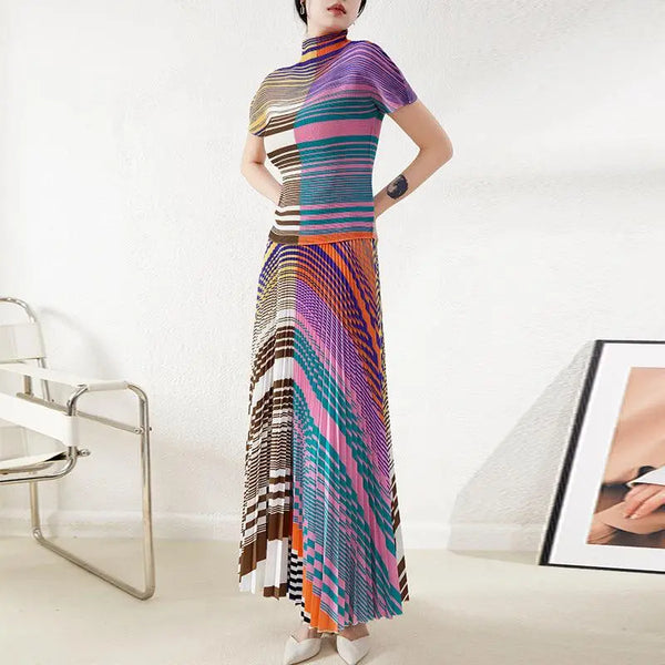 Elegant High-end Pleated Set Women's Striped Thin T-shirt Top with Color Block Long Skirt Nexellus