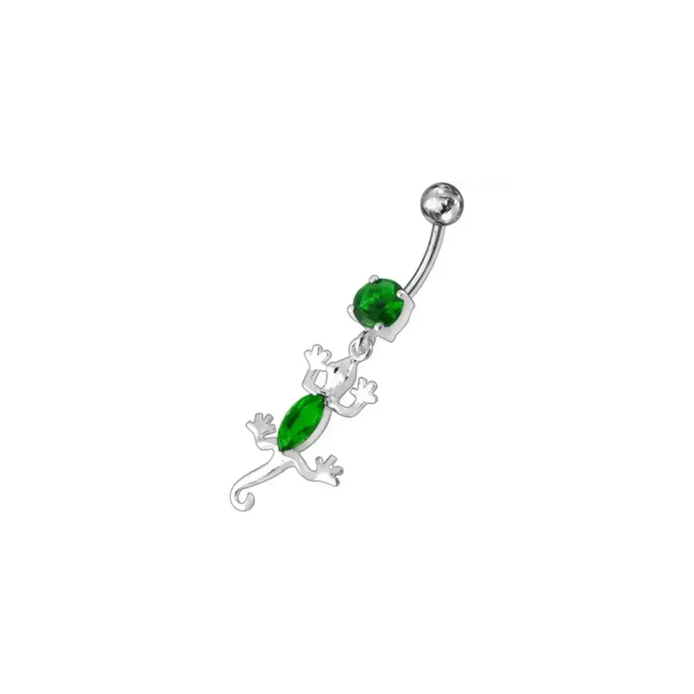 Fancy jeweled lizard dangling curved bar belly ring body jewelry Nexellus