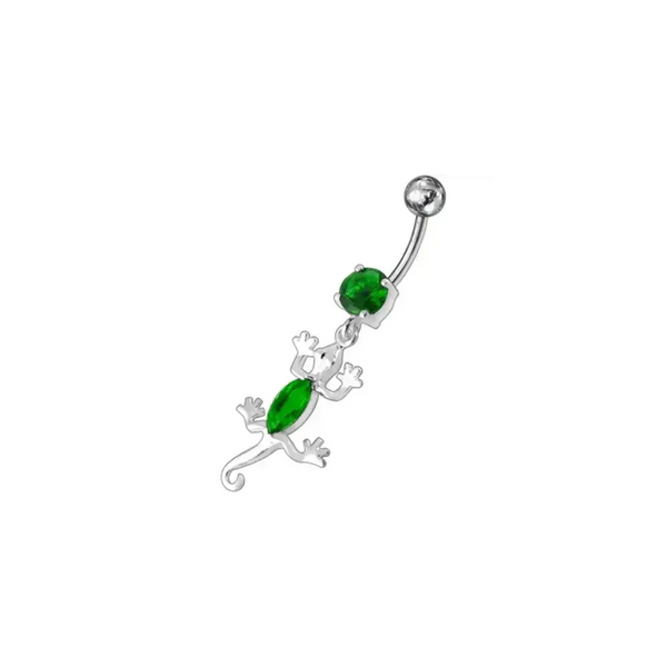 Fancy jeweled lizard dangling curved bar belly ring body jewelry Nexellus