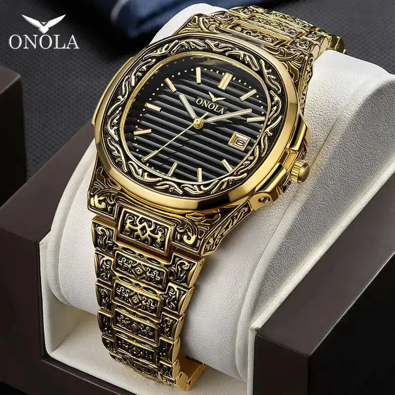 Fashion quartz watch men brand onola luxury retro golden stainless Nexellus