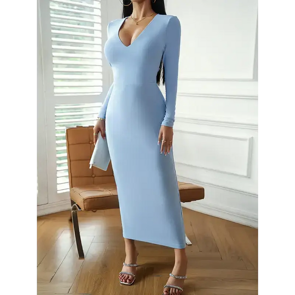 Fashion women's new sexy v-neck hip-hugging long-sleeved dress Nexellus