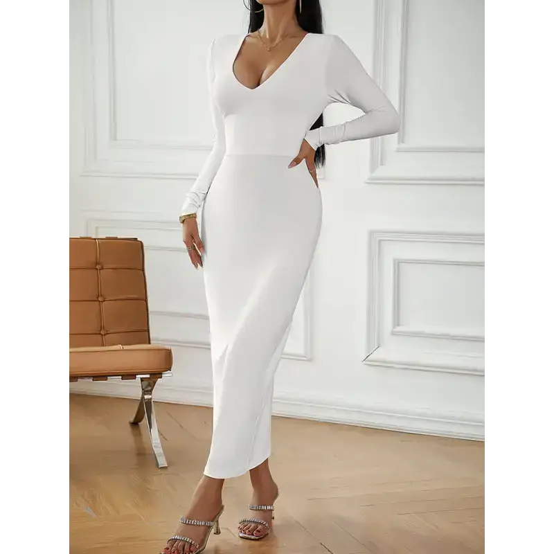 Fashion women's new sexy v-neck hip-hugging long-sleeved dress Nexellus