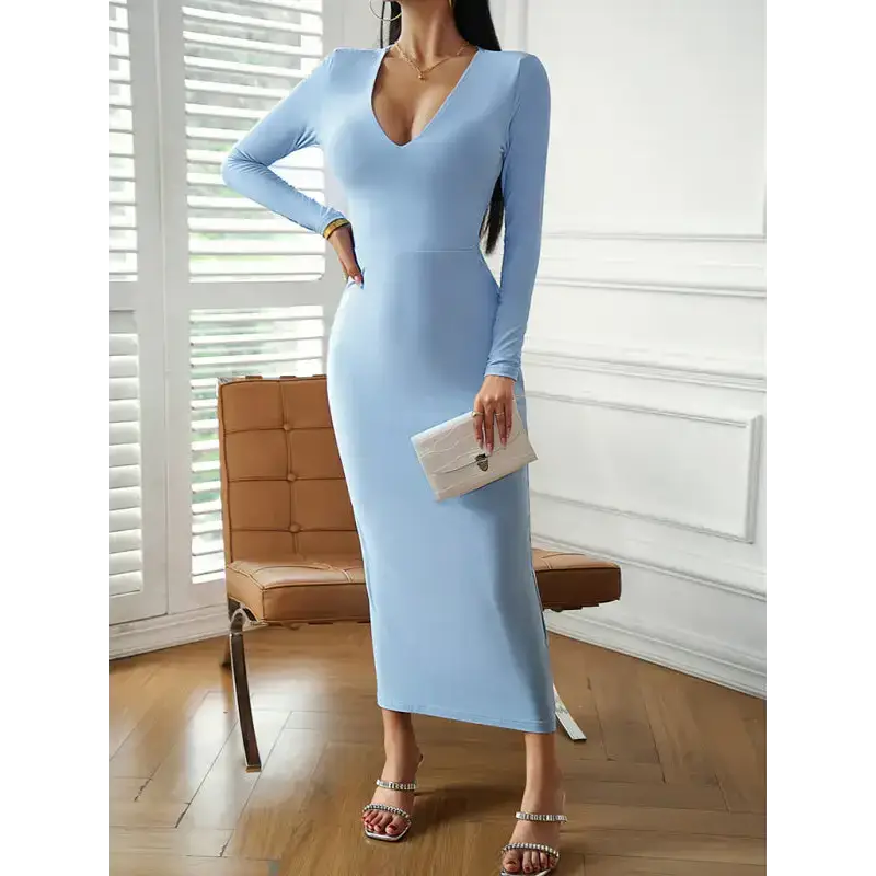 Fashion women's new sexy v-neck hip-hugging long-sleeved dress Nexellus