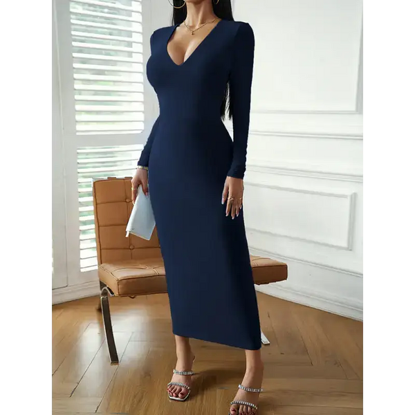 Fashion women's new sexy v-neck hip-hugging long-sleeved dress Nexellus