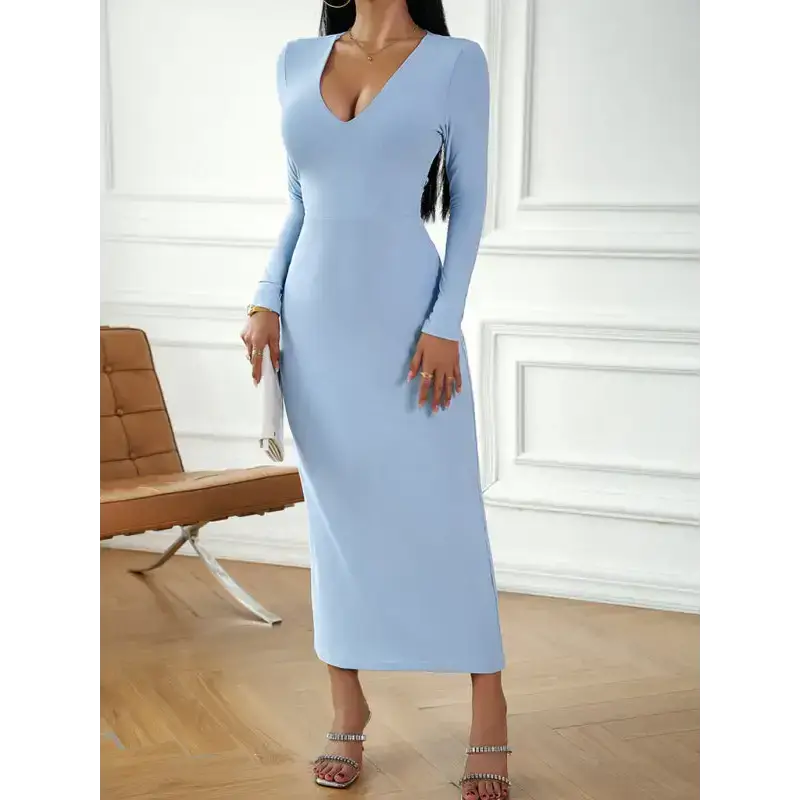 Fashion women's new sexy v-neck hip-hugging long-sleeved dress Nexellus