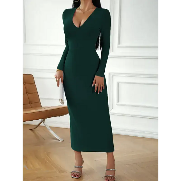 Fashion women's new sexy v-neck hip-hugging long-sleeved dress Nexellus