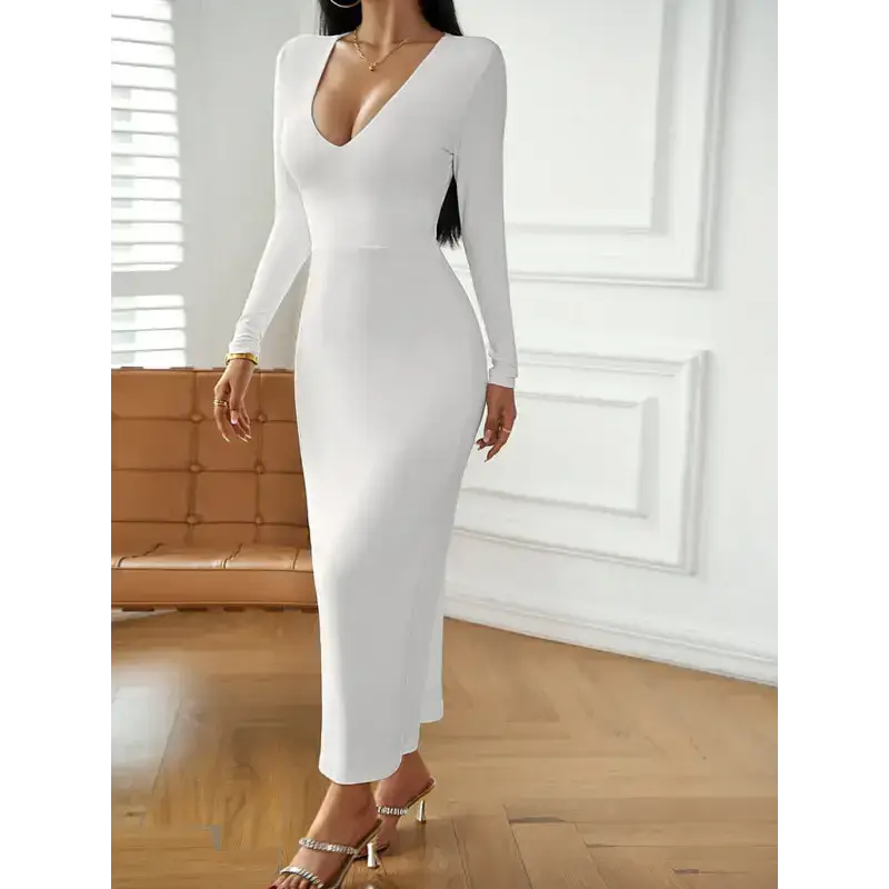 Fashion women's new sexy v-neck hip-hugging long-sleeved dress Nexellus