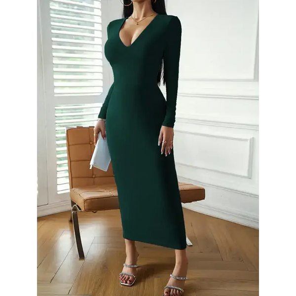 Fashion women's new sexy v-neck hip-hugging long-sleeved dress Nexellus