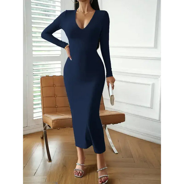 Fashion women's new sexy v-neck hip-hugging long-sleeved dress Nexellus