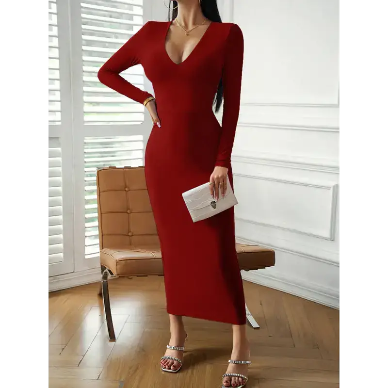 Fashion women's new sexy v-neck hip-hugging long-sleeved dress Nexellus