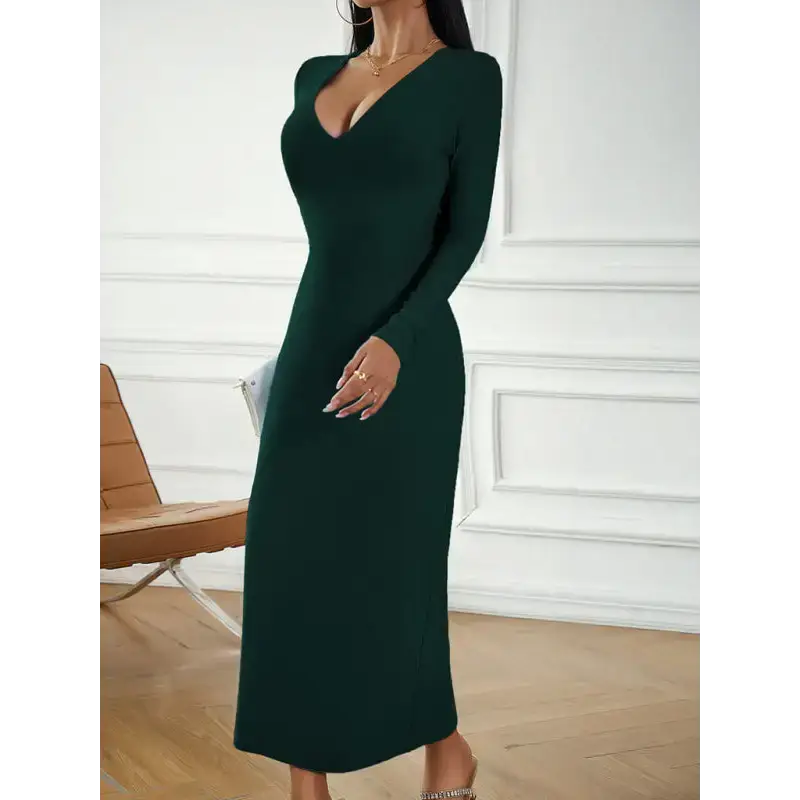 Fashion women's new sexy v-neck hip-hugging long-sleeved dress Nexellus