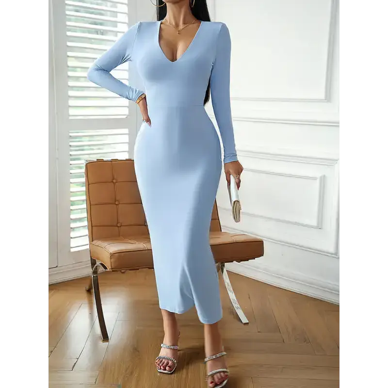 Fashion women's new sexy v-neck hip-hugging long-sleeved dress Nexellus