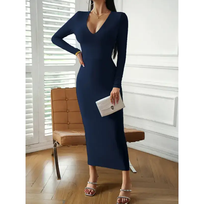 Fashion women's new sexy v-neck hip-hugging long-sleeved dress Nexellus