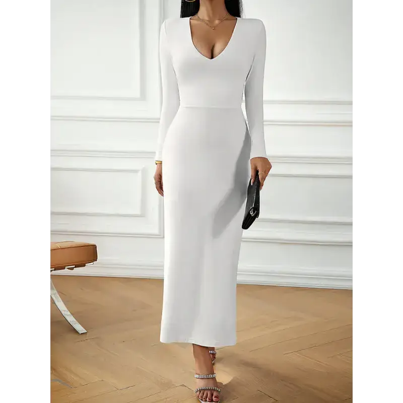 Fashion women's new sexy v-neck hip-hugging long-sleeved dress Nexellus