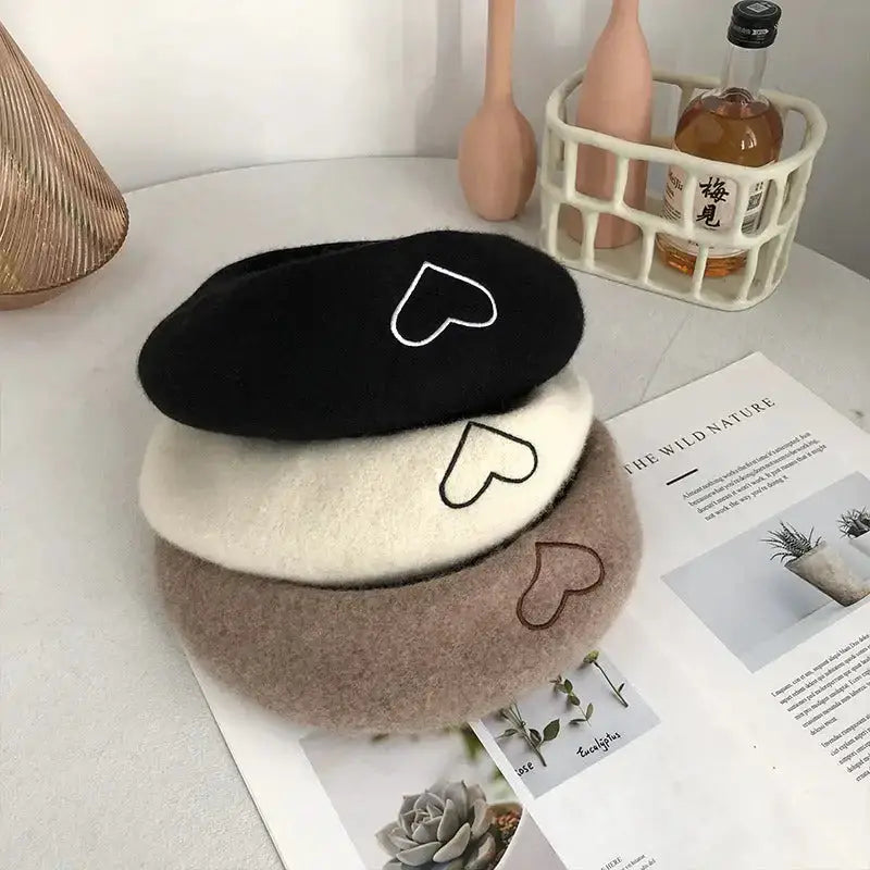 Fashion wool beret hat for women cute girl heart-shaped embroidery Nexellus