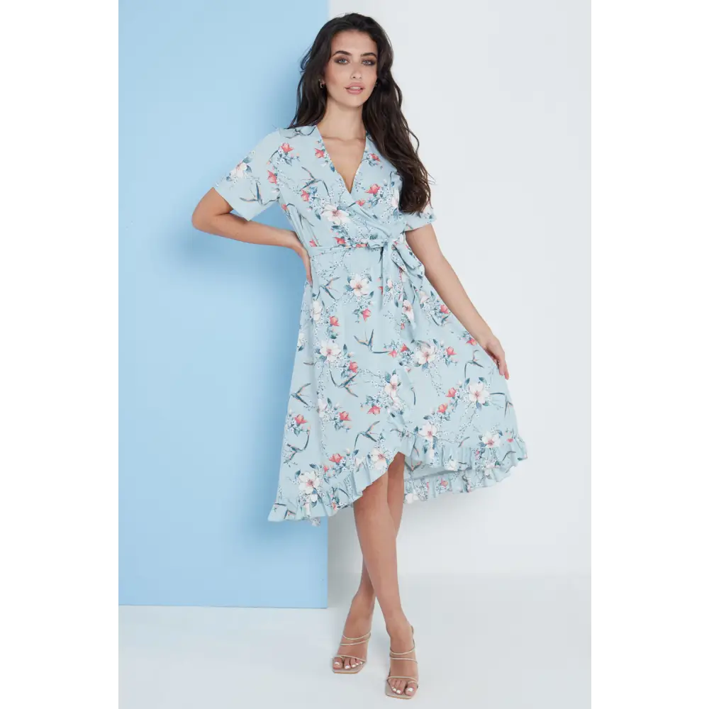 Floral frill midi wrap dress in blue