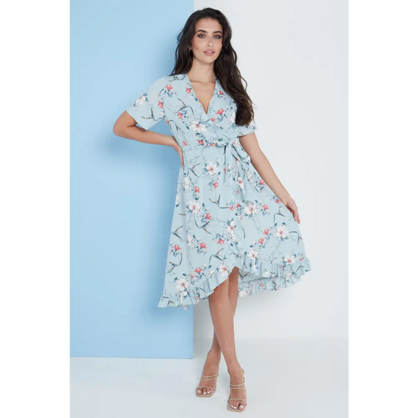 Floral frill midi wrap dress in blue