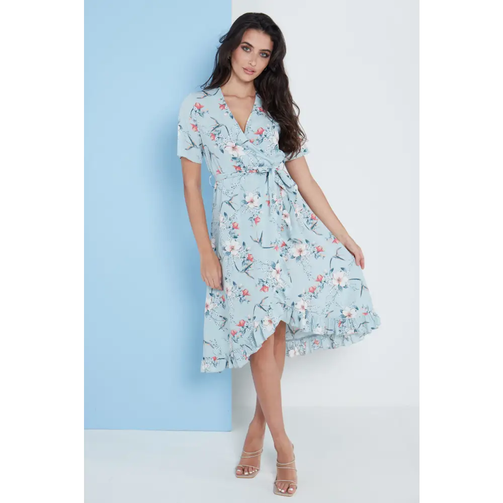 Floral frill midi wrap dress in blue