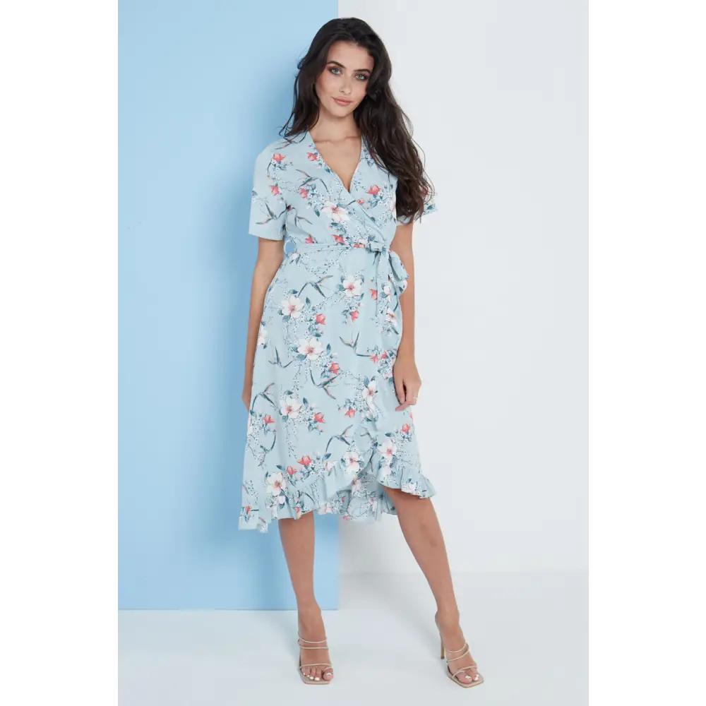 Floral frill midi wrap dress in blue