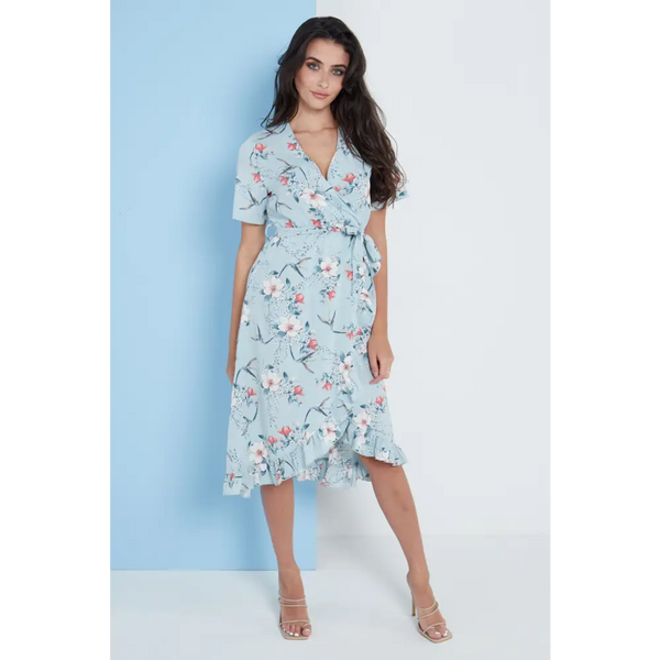 Floral frill midi wrap dress in blue