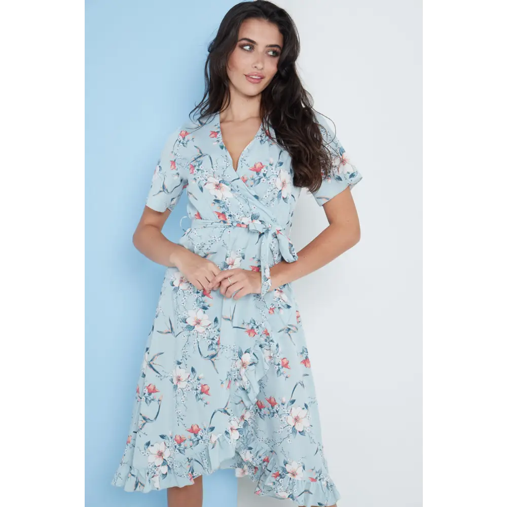 Floral frill midi wrap dress in blue