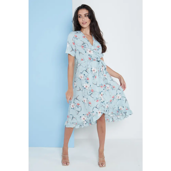 Floral frill midi wrap dress in blue