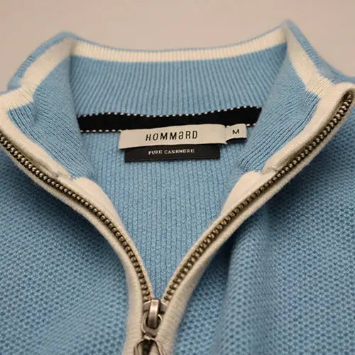 Glacier Blue Cashmere Zip Neck Sweater Verbier in pique stitch - Nexellus