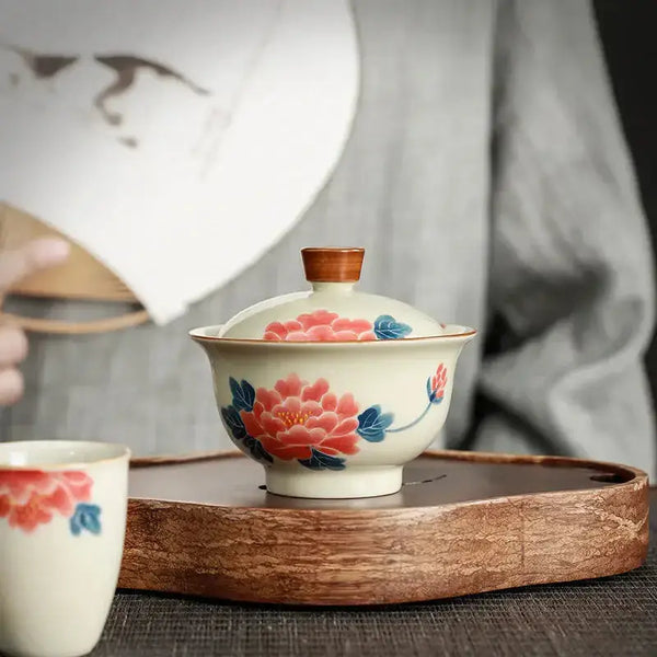 Grey glaze hand painted covered bowl kung fu tea set Nexellus